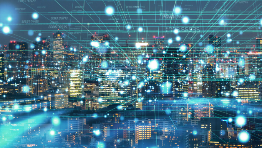 A vibrant cityscape with luminescent notes and lines overlaid.